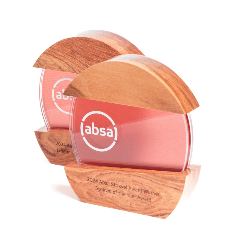 ABSA Stokvel- custom designed trophy- teak and layered perspex with engraved detail