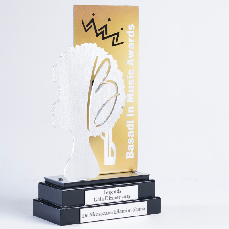 Basadi in music award-event trophy-stainless steel trophy-colour branded vinyl-black base-engraved silver plaque