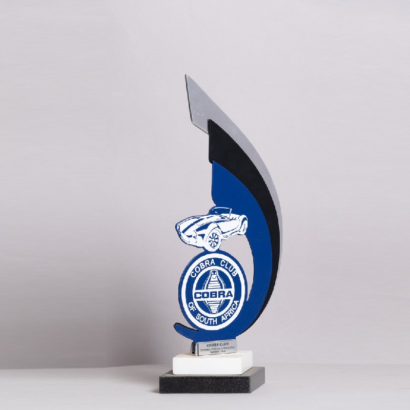 Racing trophy-stainless steel race trophy-black and white base-engraved silver plaque