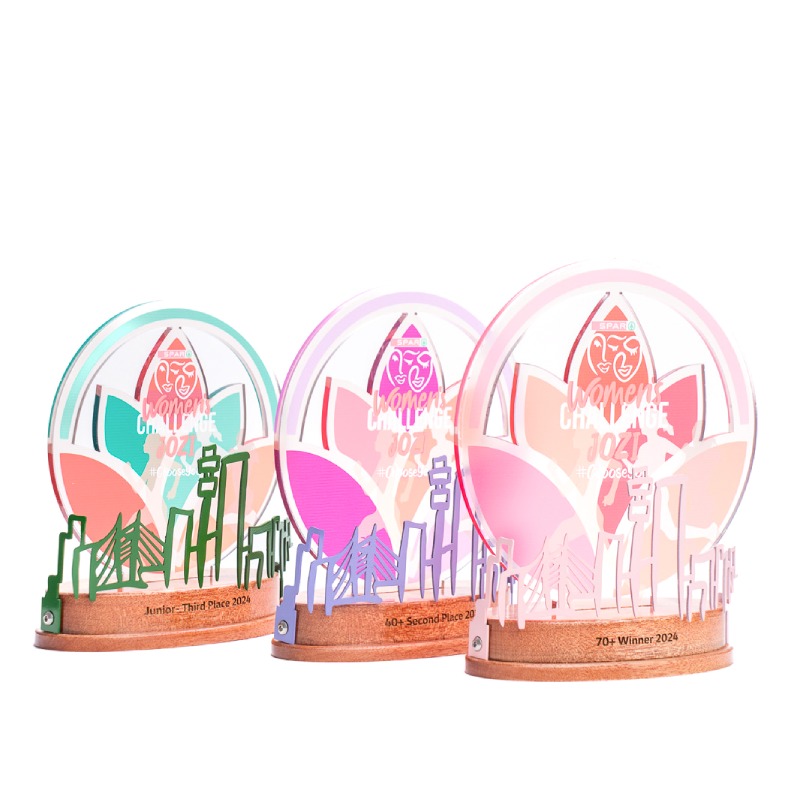 Spar Womens Maratho-custom deisgned marathon trophy-stainless steel-coloured vinyl-perspec-engraved teak wooden base
