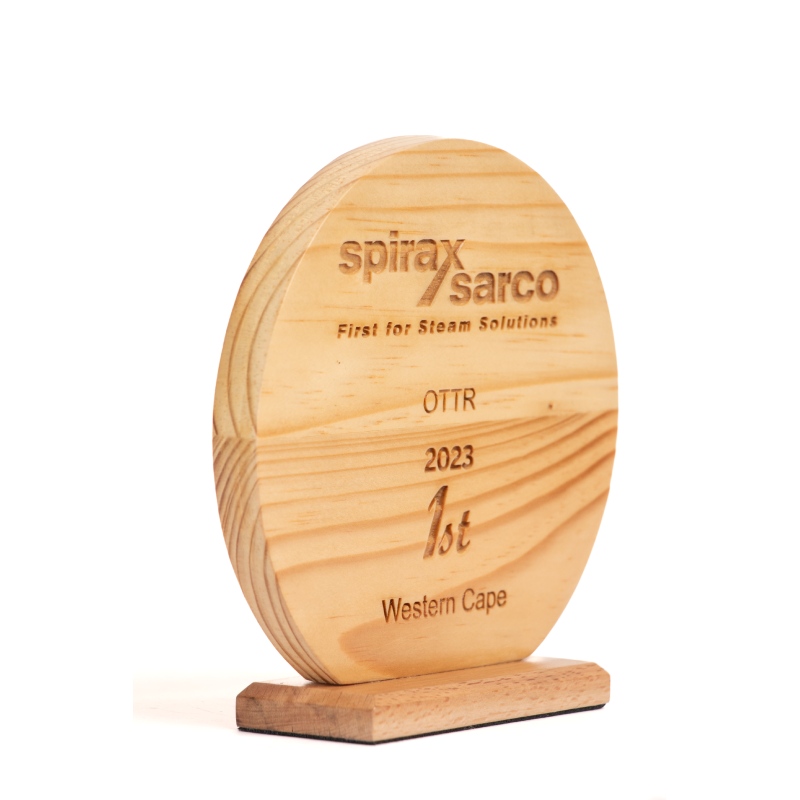 Spirax-custom design award- repurposed natural wood-engraved brand detail