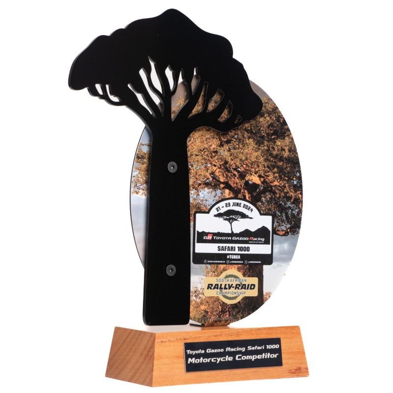 Toyota Gazoo-custom designed racing trophy-stainless steel-coloured vinyl detail-black powder coated stainless steel-wooden base-engraved black plaque